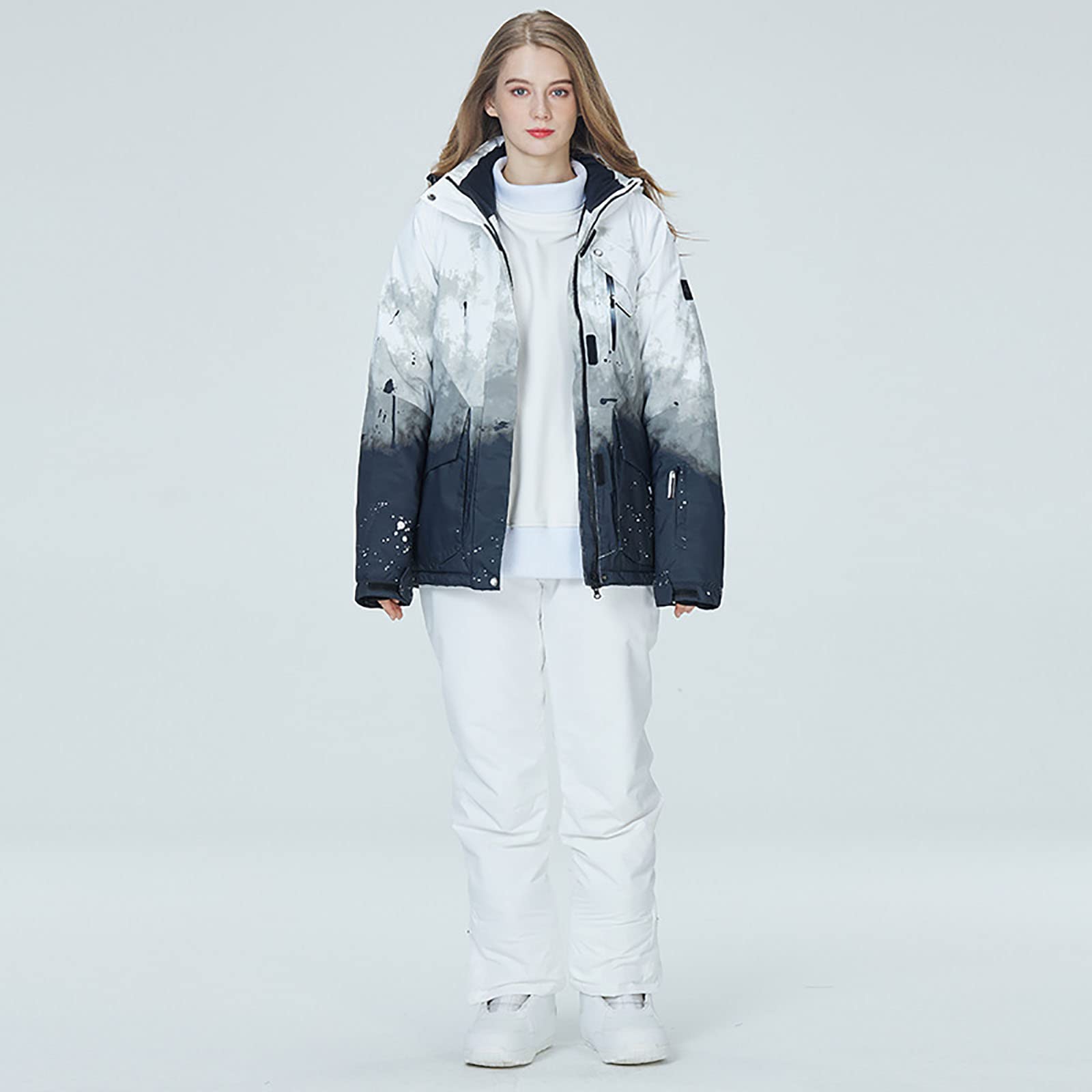 Męski kombinezon narciarski dla par atrament z kapturem gradient projekt płaszcz przeciwdeszczowy damska moda snowboard top i spodnie gruby kombinezon śnieżny, szary, 2XL (180 cm 83 kg)