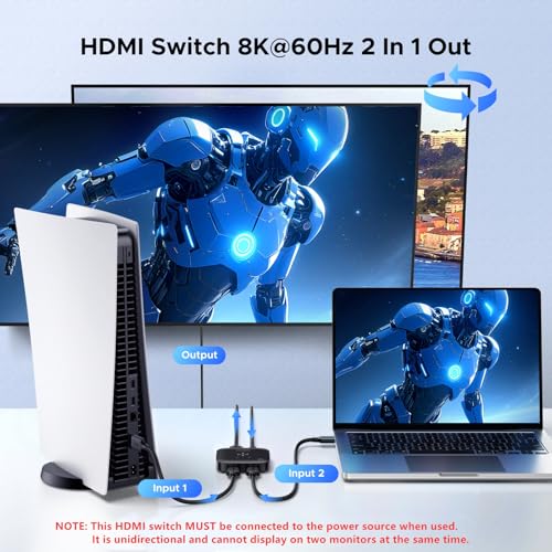 Image of UGREEN HDMI Switch 8K@60Hz 2 in 1 Out Supports 3D, CEC, HDR, Dolby AC High Speed 48Gbps 4K@240Hz Converter Compatible with Switch 2 PS5 /PS4 Fire Stick Xbox Apple TV