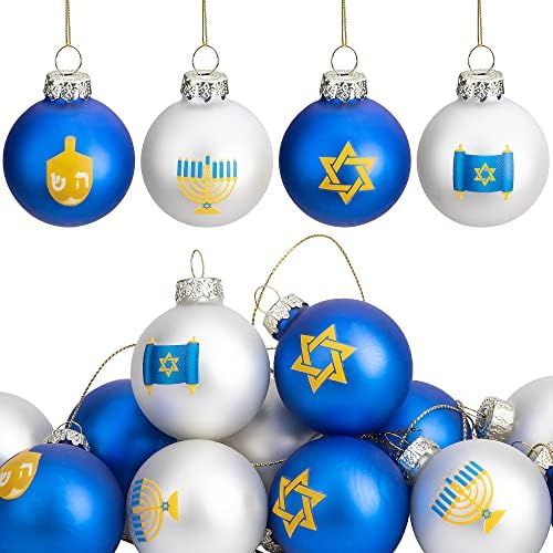 12pcs Hanukkah Glass Ball Ornaments,1.5" Star of David Hanukkah Ornament Balls,White and Blue Jewish Menorah Ornaments for Tree Hanukkah Decorations