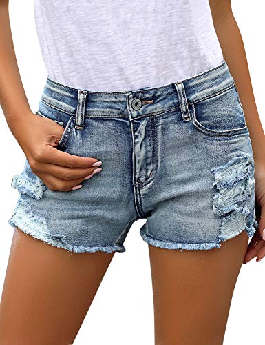 GRAPENT Women's Mid Waist Zipper Jean Short Casual Ripped Frayed Raw Hem Denim Jeans Shorts Denim Blue Size XX-Large