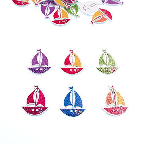 Raylinedo® Pack Of 50Pcs Buttons Multi Color Sailboat Shaped 2 Holes Wooden Buttons For Sewing And Crafting #TOP4