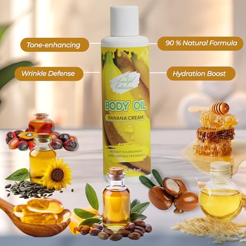 Image of Body oil designed for Deep Hydration to nourish, protect, and rejuvenate the skin while leaving it with a soft, radiant glow a banana cream scent long -lasting fragrance jojoba oil and more 6.76oz
