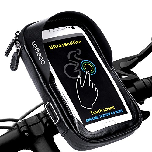 LEMEGO Soporte Bolsa Impermeable para Móvil Bicicleta, Manillar con Rotación 360 para Ciclismo, con Pantalla Táctil para Móvil Inferior 6.0 Inches, Negro
