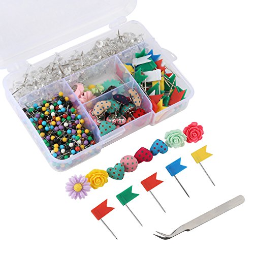 Yalis Push Pins Sets, 7 Kinds and Various Colors Thumb Tacks, 1/8-inch Colors Map Tacks and 3/8-inch Clear Pushpins for Office Work or Cork Board Decorations, 680-Count