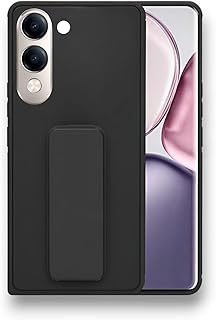 جراب خلفي بحامل سيارة مغناطيسي ناعم من السيليكون مع مسند أفقي ورأسي وحزام المعصم بحماية كاملة ضد بصمات الأصابع لموبايل فيفو Y04 (أسود)