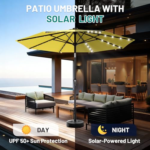 Image of AreShark 9FT Patio Umbrella with Solar Lights, 32 Lighted Pool Umbrella w /Tilt and Crank, Outdoor Market Solar Umbrellas for Garden, Deck, Backyard, Pool and Beach, Yellow