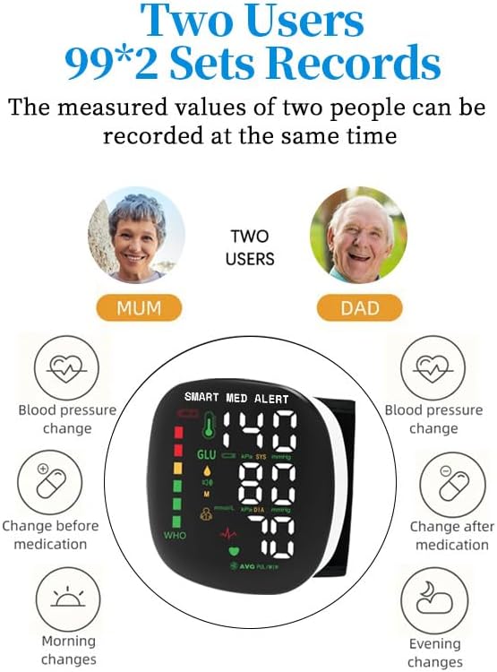 Smart Med Alert Blood Pressure Monitor, Rechargeable Wrist Digital BP Machine with Adjustable Cuff, Memory Storage for 2 Users, LCD Display, Ideal for Home Use, Carrying Case