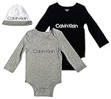 Calvin Klein Boys Baby 2 Pack Bodysuit with Hat, Girl-Heather Grey, Black, 3-6 Months