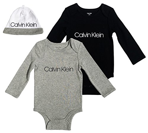 Calvin Klein Boys Baby 2 Pack Bodysuit with Hat, Girl-Heather Grey, Black, 3-6 Months