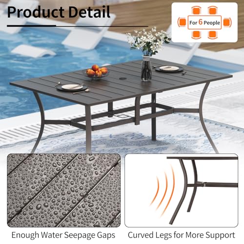 ADREAK Outdoor Metal Steel Rectangle Patio Dining Table, 6 Person Patio Table with Adjustable Umbrella Hole, Weather-Resistant for Garden Backyard Porch, Dark Brown
