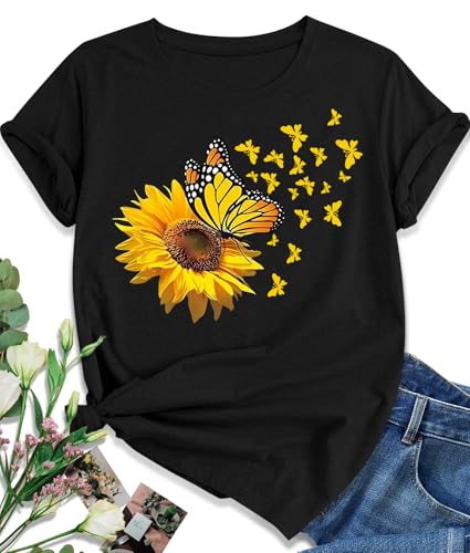 EUOW Women's Sunflower Graphic Shirts Boho Flowers Tee Tops Cute Summer Vintage Short Sleeve Holiday T Shirt