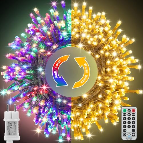 WOWDSGN Lichterkette Außen 20M, 2-in-1 LED Lichterkette (Warmweiß & Klassisch Bunt), GS-geprüfter Stecker, 11 Modi, Fernbedienung & Timer, IP44 Wasserdichte Weihnachtsbeleuchtung für Garten, Balkon