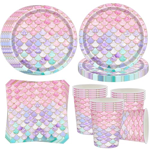 Cheukka Vaisselle de fête sirène pour 16 convives, lot de 52 assiettes en carton anniversaire sirène, assiettes en carton sirène, serviettes, gobelets, décoration d'anniversaire sirène pour filles