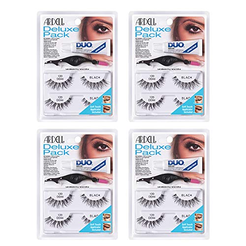 Ardell False Eyelashes Deluxe Pack 120 Black (Adhesive, False Eyelashes, Applicator kit) x 4 Pack