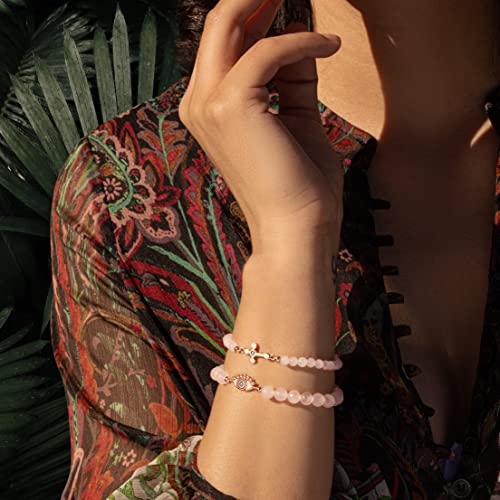 Karma And Luck - Emotional Healing - Women's Real Rose Quartz 18K Rose Gold Plated Embedded Gorgeous Diamond Chip Evil Eye Charm Bracelet Handmade In Bali For Her #TOP1