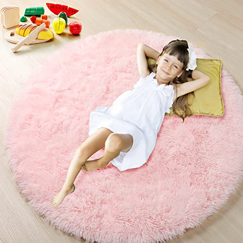 Comarkis Soft Round Area Rug for Girls Bedroom,6 ft Pink Circle Rug for Nursery Room,Fluffy Carpet for Kids Room,Shaggy Area Rug for Living Room,Room Decor for Teen Girls,Furry Shag Rug for Baby