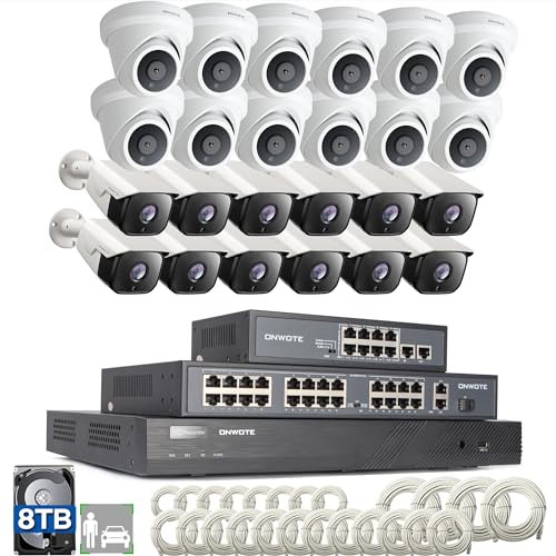 ONWOTE 32 Channel Security Camera System PoE, 4K 32CH NVR 8TB, 32 Ports Switch, 24x 6MP Outdoor Audio PoE IP Cameras, AI Human Vehicle Detection, 24x Cables-2280ft, Commercial CCTV for Business