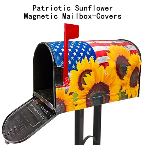 Bawnhaw Summer-Sunflower Magnetic-Mailbox-Covers Patriotic-American-Flag 4th-of-July Independence-Day Mailbox Wraps Post Letter Box Cover for Outdoor Garden Home Yard Decor 22\"x18\"