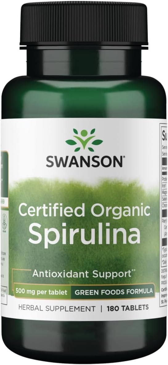 Swanson Certified Organic Spirulina 500 mg, 180 Tablets 180 Count (Pack of 1)