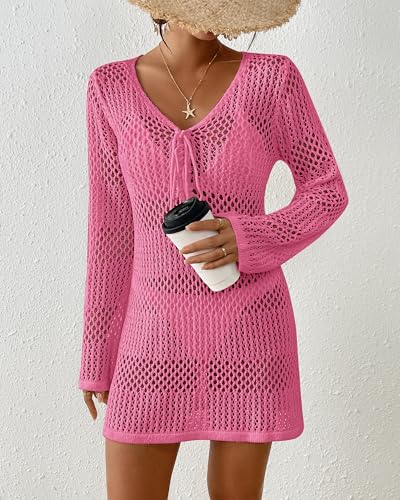 Image of Bsubseach Women Swimsuit Crochet Coverup Long Sleeve V Neck Beach Dress