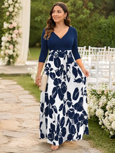 Image of Plus Size Maxi Dress for Women V Neck Flowy Dresses with Pockets for Wedding Guest Church