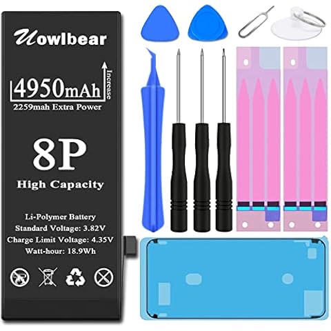 uowlbear Battery for iPhone 8 Plus 4950mAh, Rechargeable Battery for A1898 A1897 A1864 with Complete Replacement Kits, 2 Set Adhesive Strips and Seal -0 Cycle High Capacity Cover