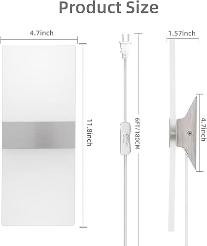 Miniatura 6 de KICAAO Juego de dos apliques de pared, modernos apliques de pared enchufables de 10 W 6000 K de acrílico blanco frío con cable de enchufe de 6