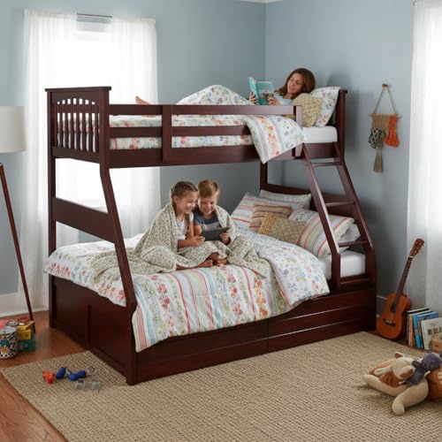 Image of APRODZ Haven Queen Size Solid Wood Bunk Bed with 2 Drawer Storage | Wooden Twin Over Bed with Ladder for Kids' Room Bedroom Living Room Home (Brown)