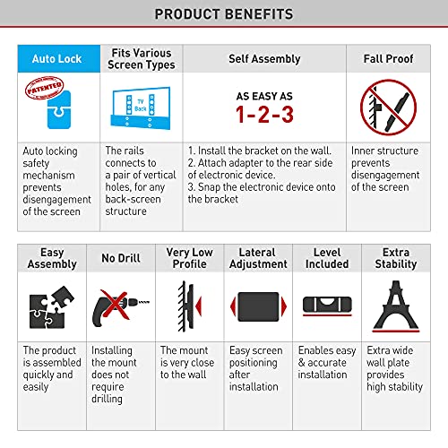 Barkan Tv Wall Mount, 19-65 Inch Fixed, Drywall No Stud No Drill Screen Bracket, Holds Up To 80Lbs, Auto Lock Patented, Fits Led Oled Lcd, Including 6 Ft 4K Hdmi Cable #TOP7