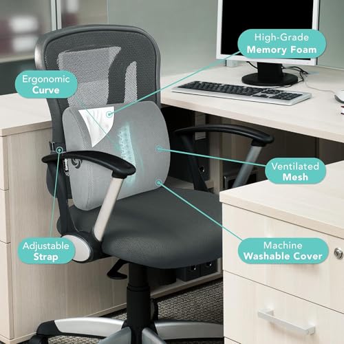 Image of Samsonite SA5244 Ergonomic Lumbar Support Pillow Helps Relieve Lower Back Pain 100% Pure Memory Foam Improves Posture Fits Most Seats Breathable Mesh Washable Cover Adjustable Strap