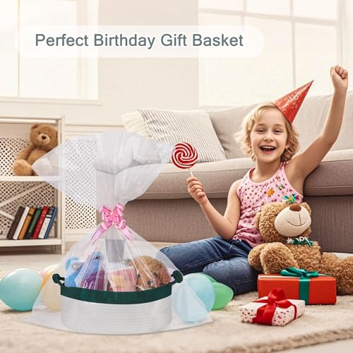 Image of COMSE Small Gift Basket Empty with Bag & Ribbons, Dark Green & White
