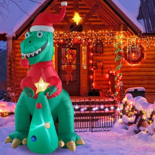 Poptrend Inflatable Christmas Decorations 7 Feet Inflatable Dinosaur With Christmas Tree, Christmas & X’mas Yard Inflatables With Bright Led Lights – Hilarious,Wacky, Funny, Holiday Spirit (7 Feet) #TOP4