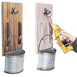 Rustic Hanging Beer Bottle Opener Wall Mounted with Cap Catcher Set of 2 for Beer Lovers Kitchen Entryway Living Room Home Decor, Brown & Whitewashed