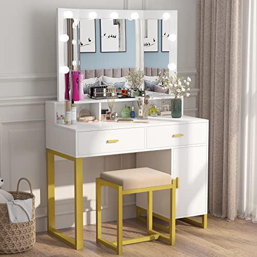 Pakasept Vanity Set With Lights, Makeup Vanity Desk With Tri-Fold Mirror, Dresser Table With 2 Drawer And Storage Cabinet, Cushioned Stool For Women Girls White #TOP7