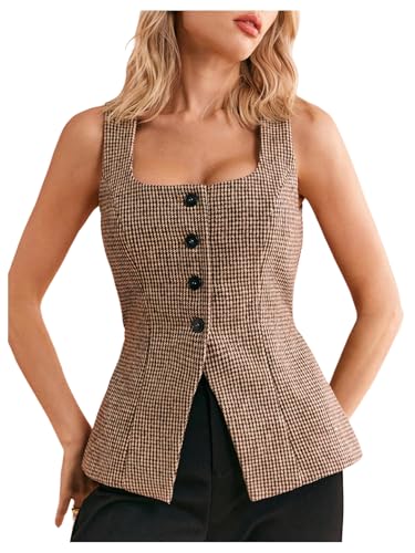 GORGLITTER Women's Tweed Blazer Vest Tops Sleeveless Square Neck Business Casual Cardigan Vests Western Cowgirl Outfits