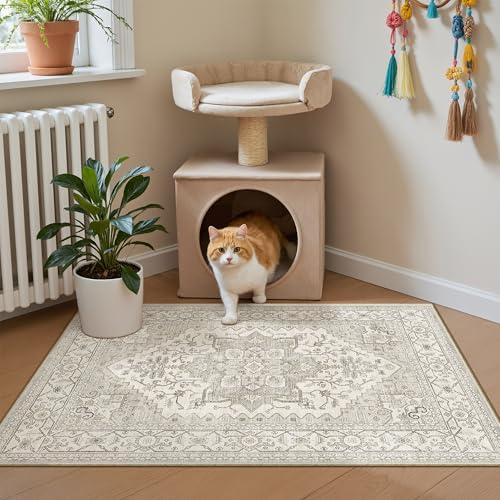 Madane Washable Area Rug 2x3, Small Entryway Rug Non-Slip Vintage Door Mat Indoor Entrance, Low Pile Floor Carpet for Inside Front Door Bedroom Kitchen Entry Laundry (2'x3', Beige/Brown)