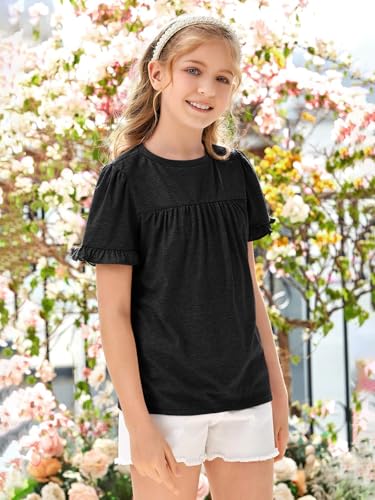Image of Ebifin Girls Short Sleeve Tops Kids Peplum Babydoll T Shirts Tees 4-15Y | Girls T-Shirts, Crew neck Short Sleeve Shirts, Casual Tunic Tops, Cute Blouses, Summer Tees, Ruffle Hem, Loose fit