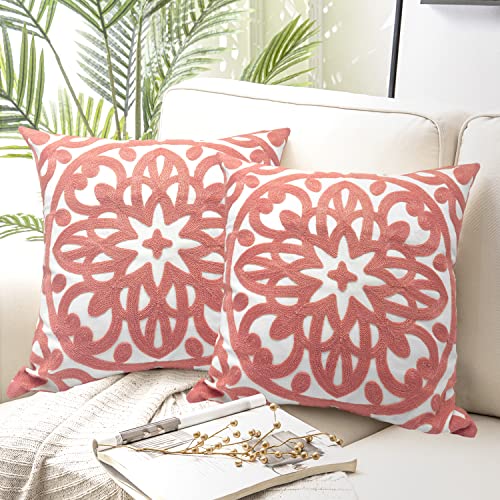 Alysheer Embroidered Decorative Throw Pillow Covers 18"X18" Set Of 2 Pieces, Cozy Boho Mandala Knit Pattern, 100% Cotton Dusty Rose Cushion Cases For Sofa Couch Living Room Gifts (Flamingo Pink) #TOP4