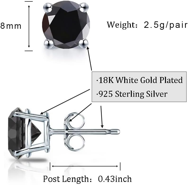 Solitaire Round Black Onyx 925 Sterling Silver Stud Earrings Platinum Plated Fine Jewelry for Women Men - Image 7