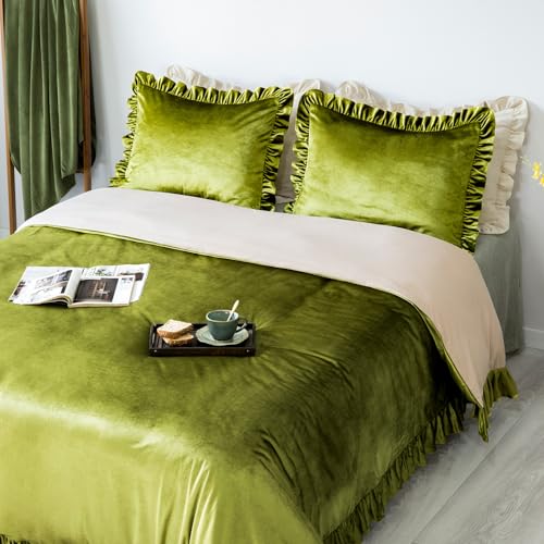 GLORY SEASON Velvet Duvet Cover Set Retro Ruffle Flounces Trim
