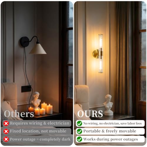 Image of Rechargeable Wall Sconce Set of 2, Battery Operated Wall Sconce, Wireless Wall Lamp with Vertically Striped Glass Tube, Non-Hardwired Wall Sconces, Modern Vanity Light Fixtures for Bedroom, Hallway
