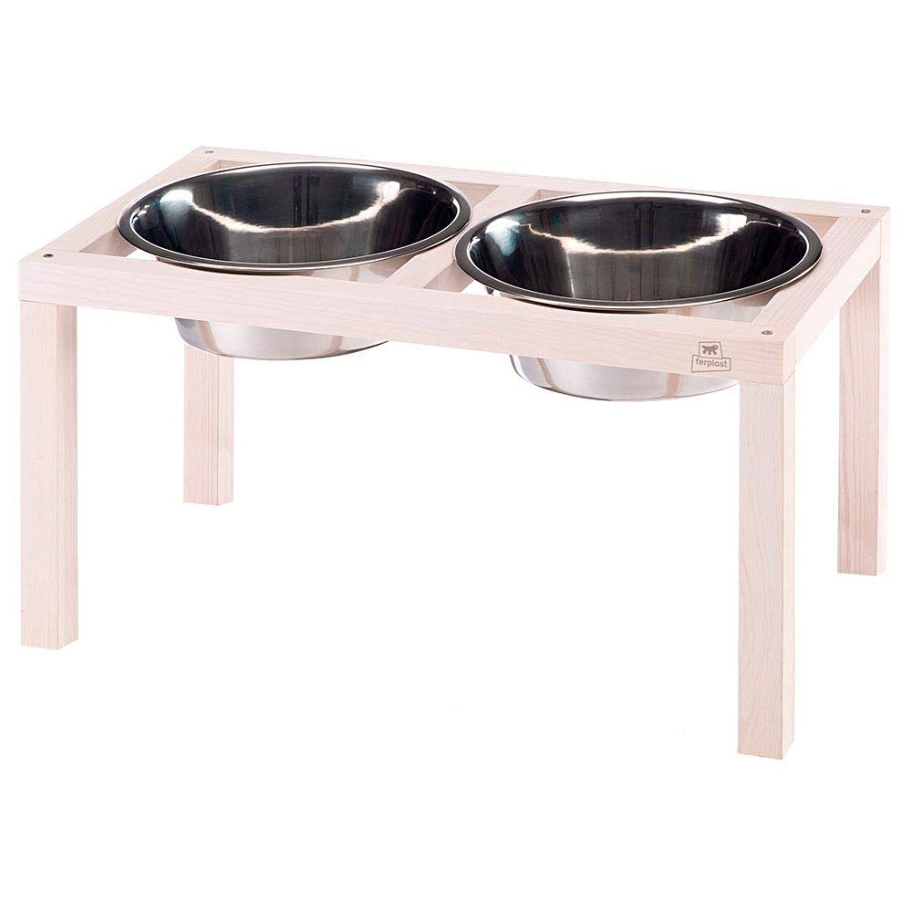 Ferplast Desco Wood Porta Comedero para Perro con 2 Comederos de acero inoxidable - Elegante Comedero para agua y comida para Perro de madera elevada, antideslizante, 5,6 litros