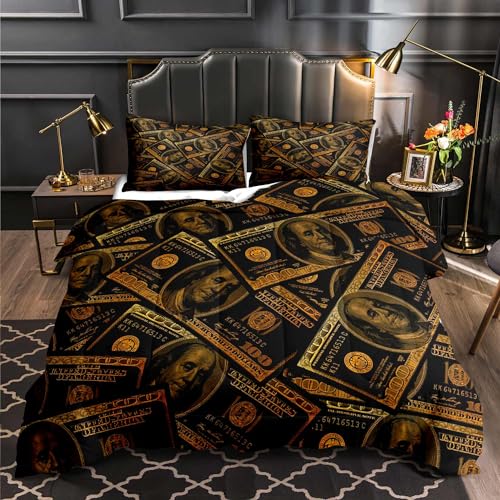 LUVIVIHOME 3PCS Luxury Money Comforter Set King Size, Black