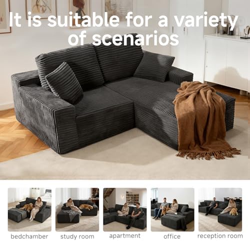 75" Cloud Modular Boneless Couch, L-Shaped Right Facing Chaise Sectional Sofa, Deep Seat Plush Corduroy Upholstery - Memory Foam Comfy Fluffy Couches for Living Room Bedroom, No Assembly Required - Thumbnail 2