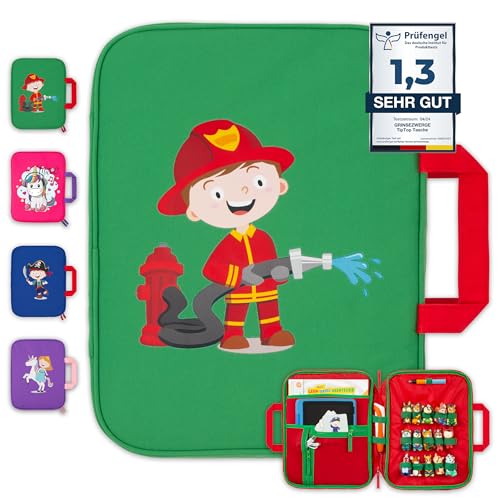 GRINSEZWERGE Tasche für Edurino & Tonies Figuren im Felix Feuerwehrmann Design in grün I Aufbewahrung für Edurino Stift TipToi Stift Bücher & Zubehör I Kinder Tragetasche mit Platz für 15 Figuren