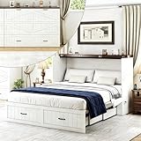 Bvldfamly Queen Murphy Bed with Charging Station, Farmhouse Noisy-Free Foldable Cabinet Bed Frame with Storage Drawer, Space Saving Hideaway Wall Bed for Guest Bedroom, Living Room, Office, White