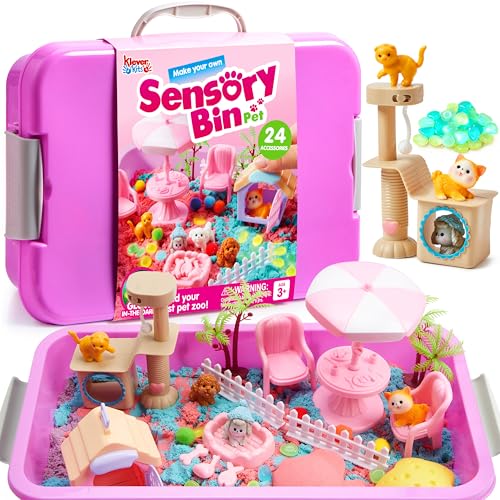 Klever Kits Cute Pet Sensory Bin for Toddlers with Glow in The Dark Stones, Sandbox with Lid Dual-Color Sand, Preschool Learning Activities Gifts for Boys Girls Age 3+ by JOVA
