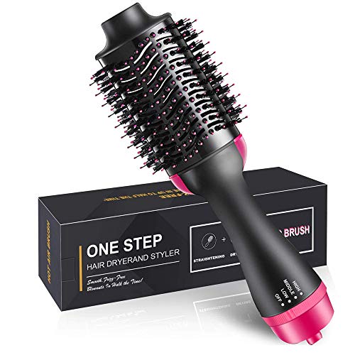 STRAIGHTENER Hair Dryer Brush, Hot Air Hair Brush, 2 in 1 Multifunctional Hot Air Brush with Negative Ion Curling Dryer Brush Styler, Hair Straightening Brush, Rotating Blow Dryer Brush,Black+Pink