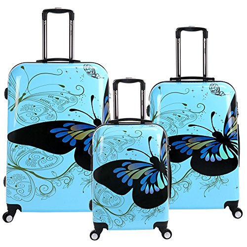 28 24 20 inch Blue Butterfly Upright Spinner Travel Luggage Suitcase 4 Wheel Cabin Trolley Set