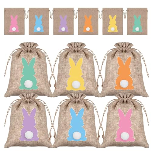12 Stück Stoffsäckchen zu Ostern, Hasen Jute Geschenktüten mit Kordelzug, Oster Geschenktüten für Oster, Candy Tüten Geschenktüten Hasen Ostertüte (Braun)